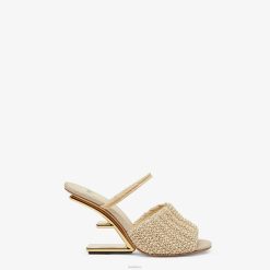 Fendi mujer sandalias de tacón alto de rafia pálida 2LH8E1308 zapatos beige